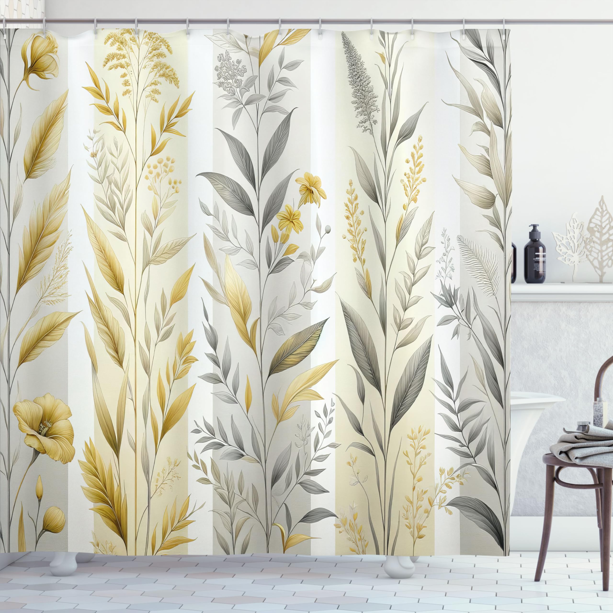 Ambesonne Yellow Shower Curtain, Modern Farmhouse Concept Floral Leaves Composition With Striped Details, Cloth Fabric Bathroom